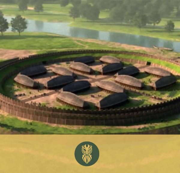 Illustration af, hvordan Ringborgen i Odense var bygget tæt på Odense å. Den yderste ring er en jordvold og den inderste er en træbelagt jordvold.